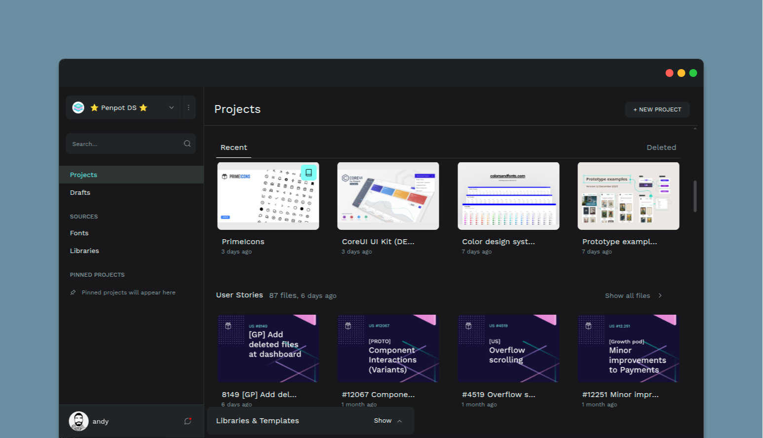 Projects view in dashboard