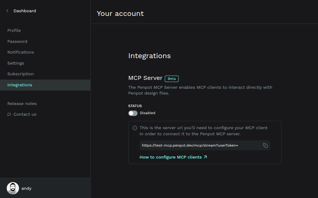 MCP Server (Beta) in Penpot Integrations, enable