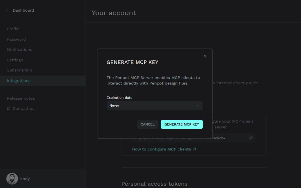 MCP Server (Beta) in Penpot Integrations, generate key